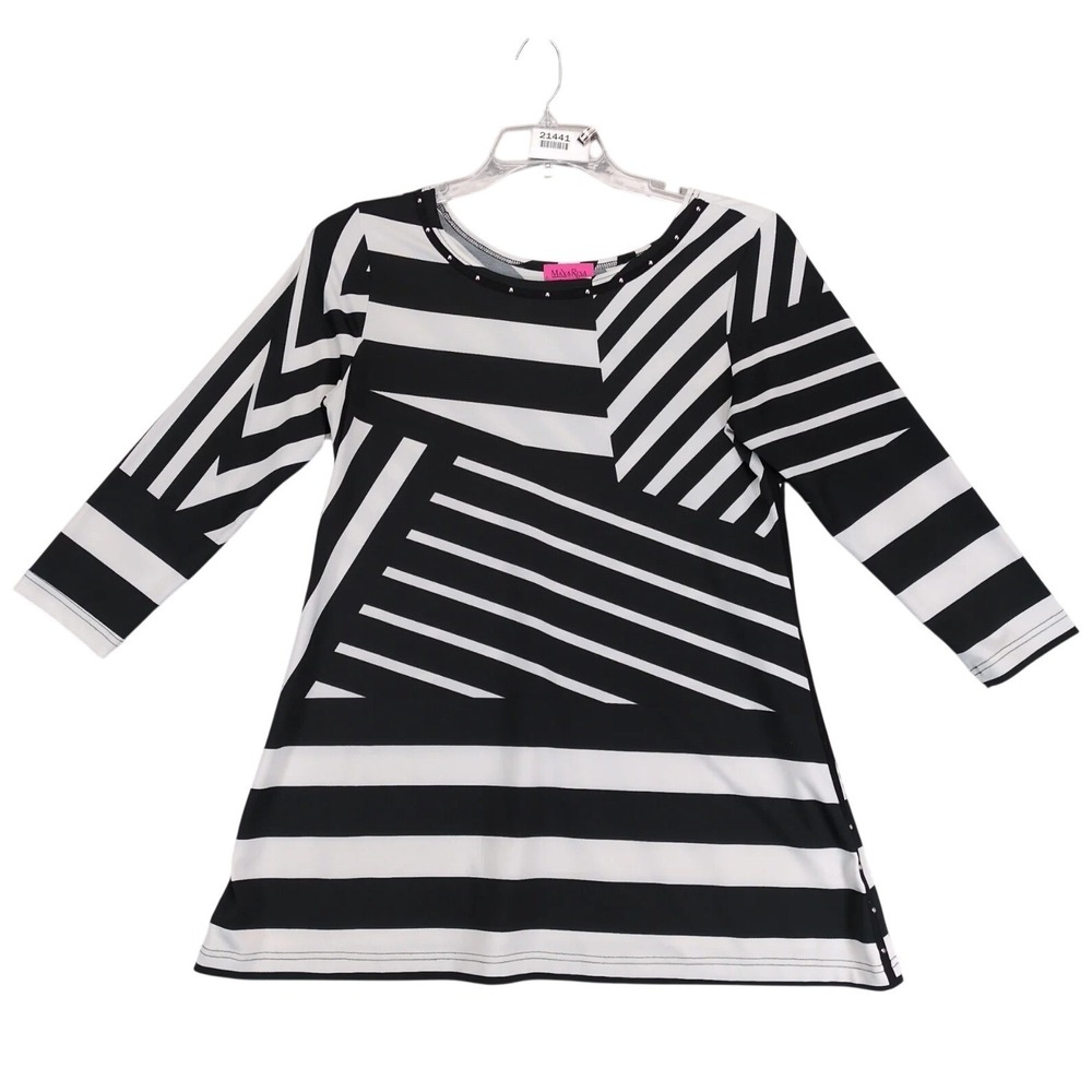Max & Rina‎ Studded Geometric Stripe Tunic Womens M 3/4 Sleeve Stretch Top